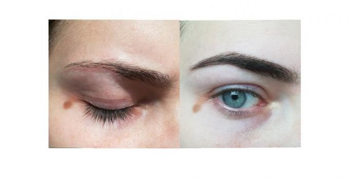Mine øjenbryn før farvning (venstre) og efter (højre)